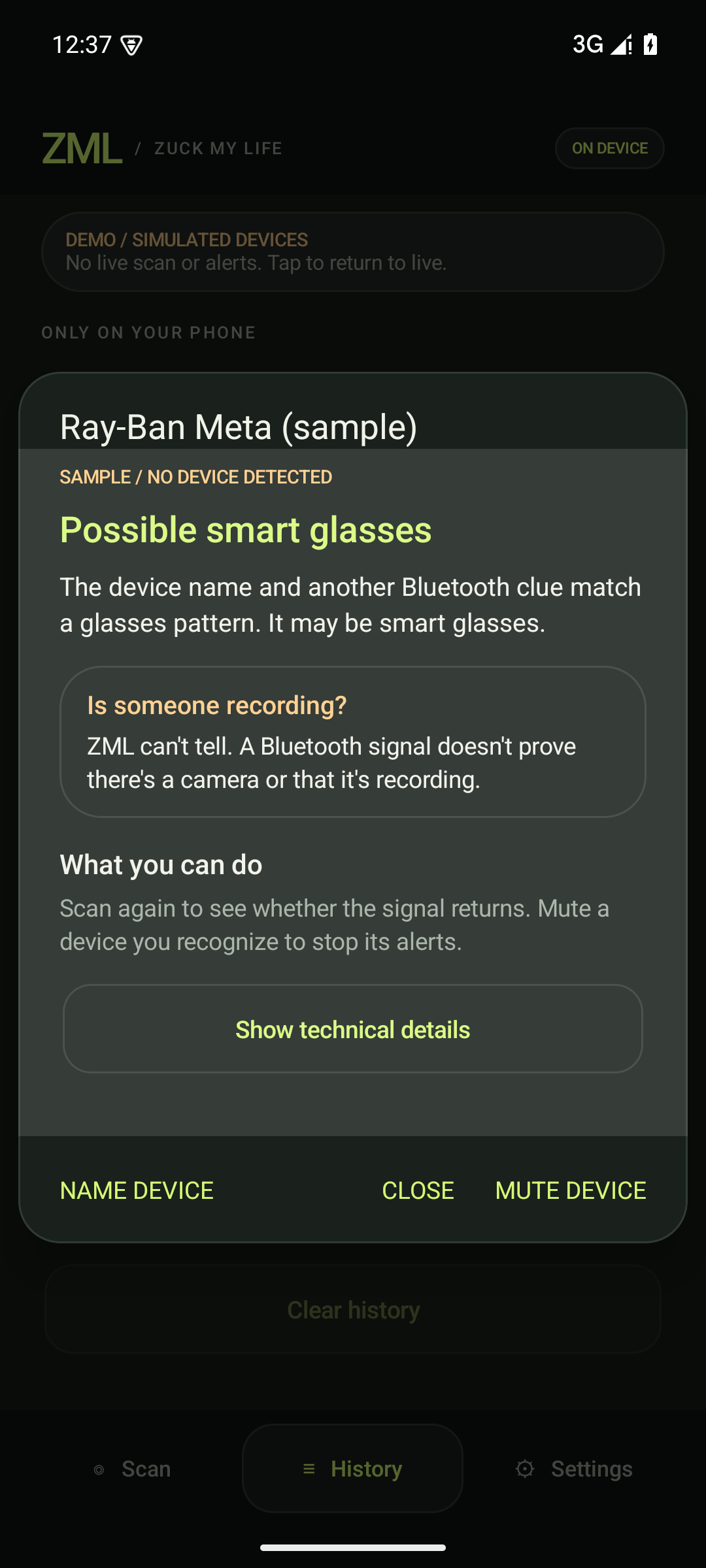 ZML explains a sample signal in plain language, with a Show technical details button