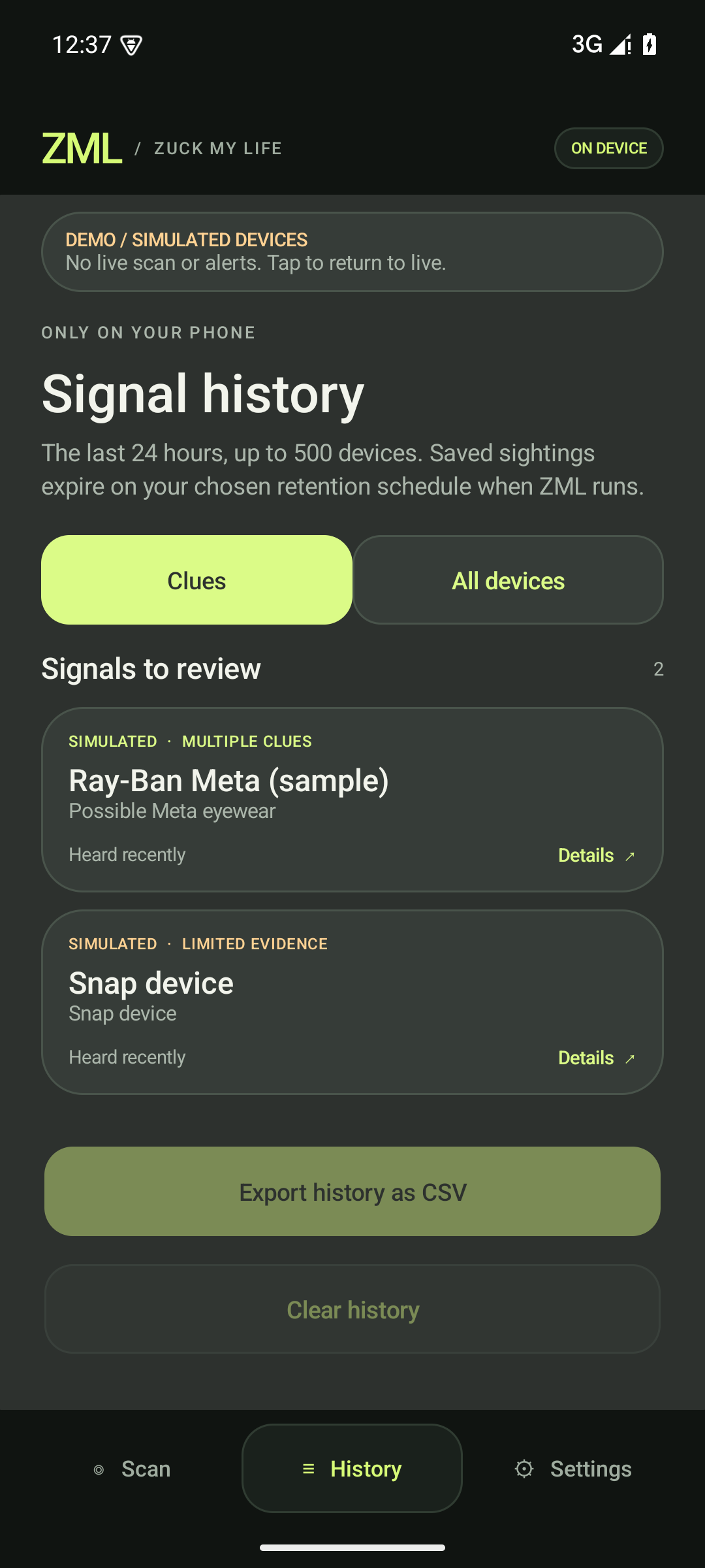 ZML history with clearly labeled simulated smart-glasses signals
