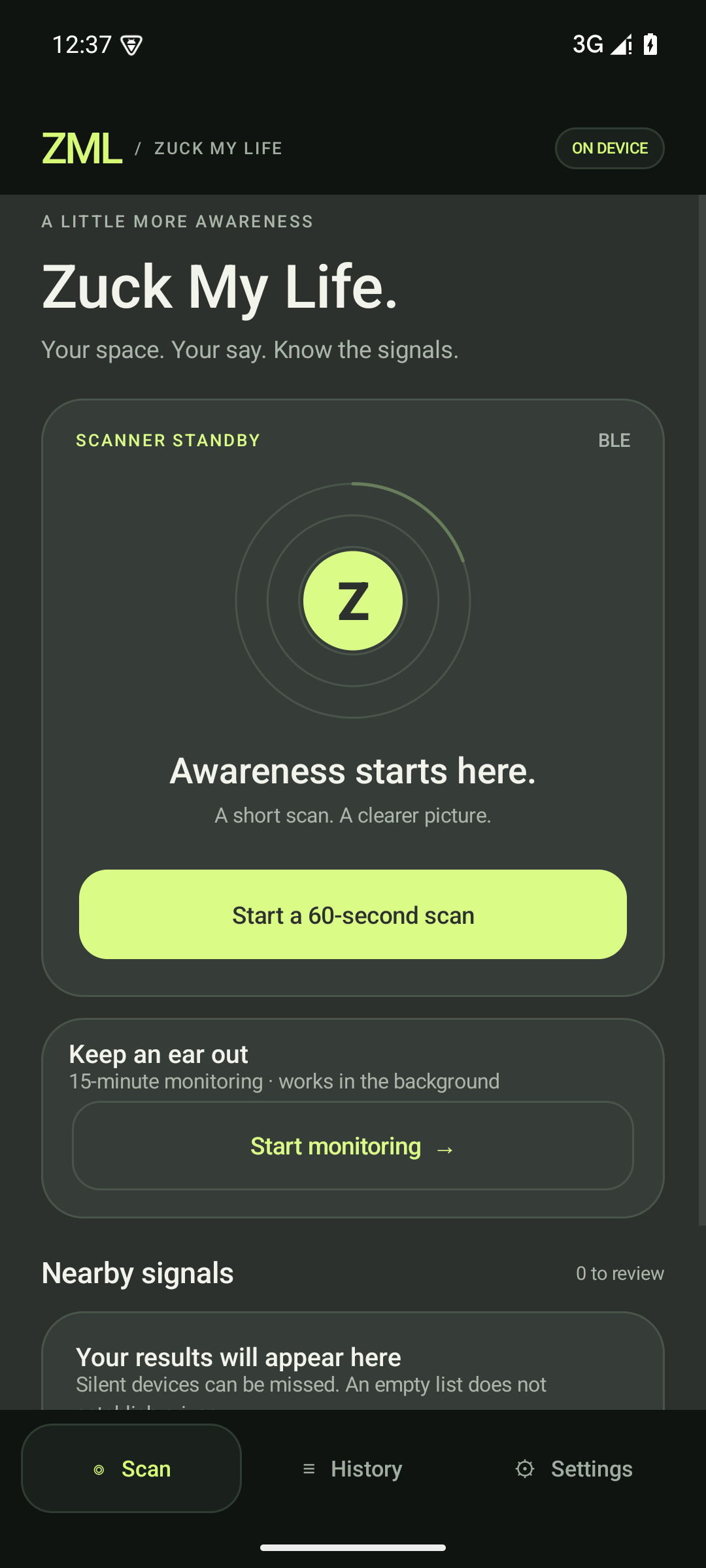 Actual ZML Android scanner with a 60-second scan button and timed monitoring controls