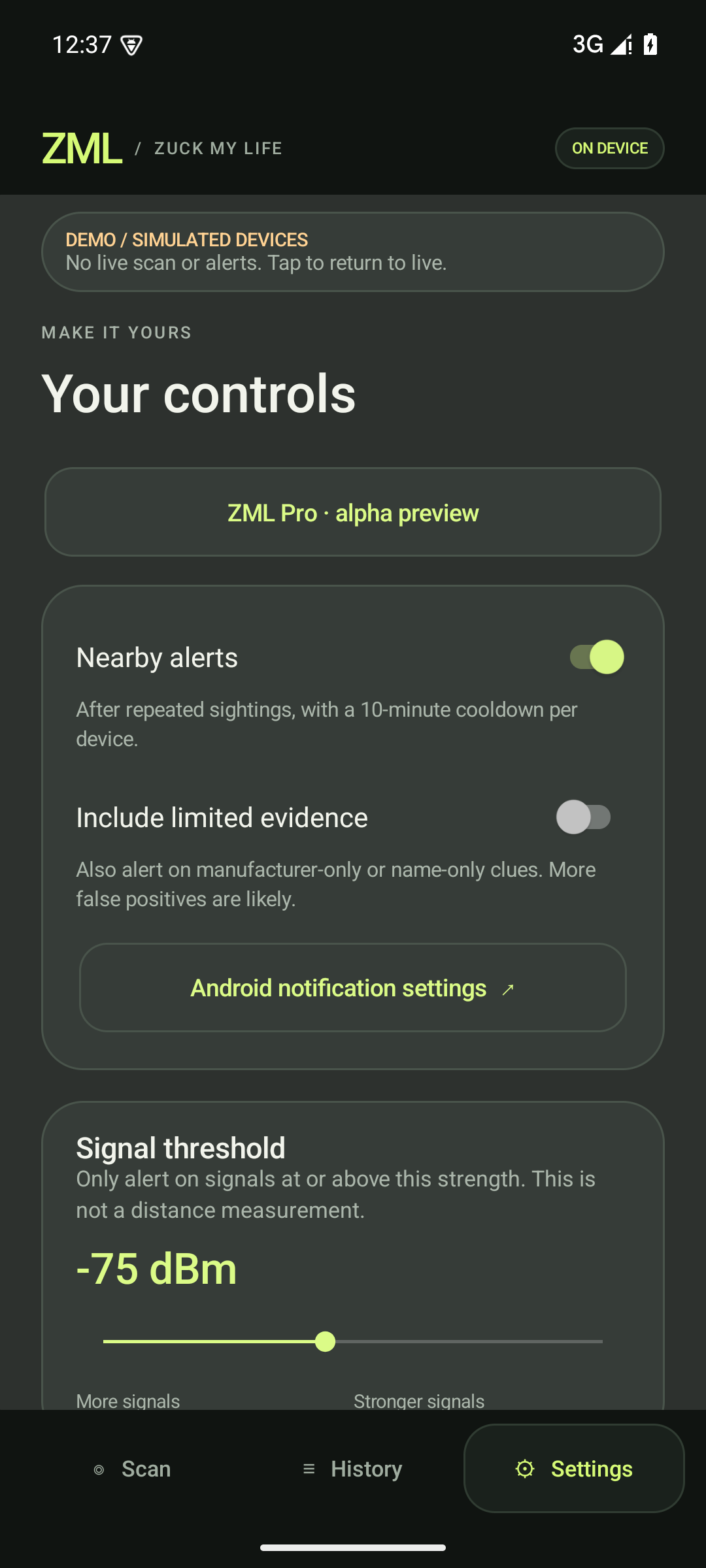 ZML alert controls for signal strength and limited evidence
